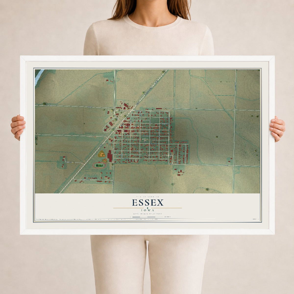 Map of Essex, Iowa, 24 x 36 inch print in a white wood frame