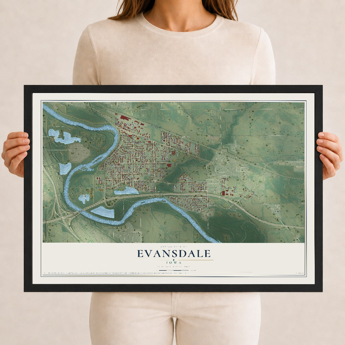 Map of Evansdale, Iowa, 12 x 18 inch print in a black wood frame