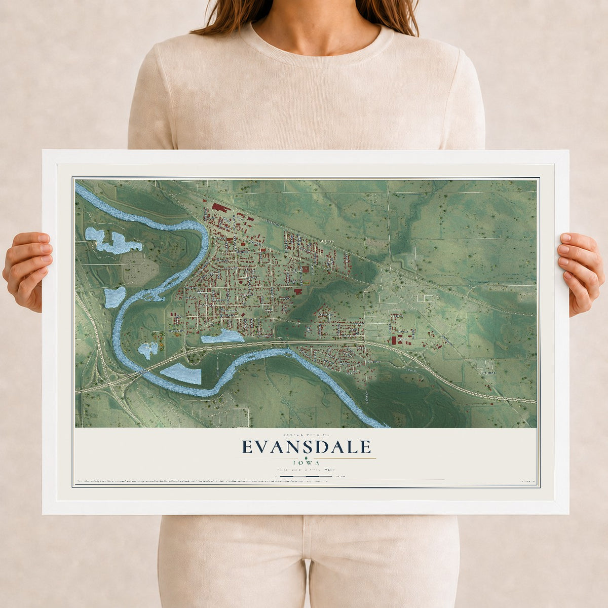 Map of Evansdale, Iowa, 12 x 18 inch print in a white wood frame