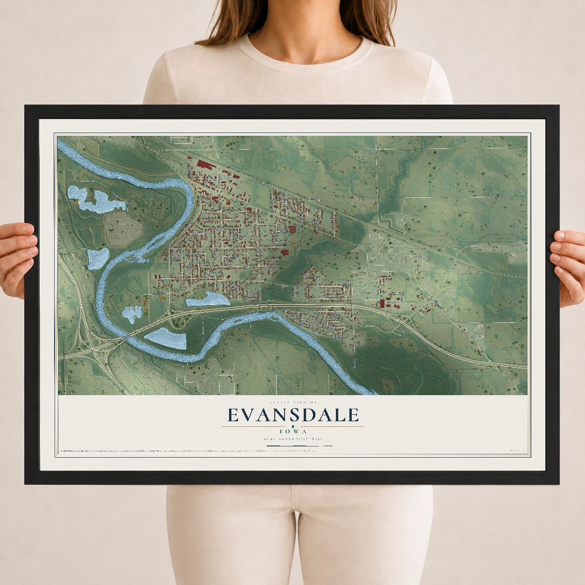 Map of Evansdale, Iowa, 18 x 24 inch print in a black wood frame
