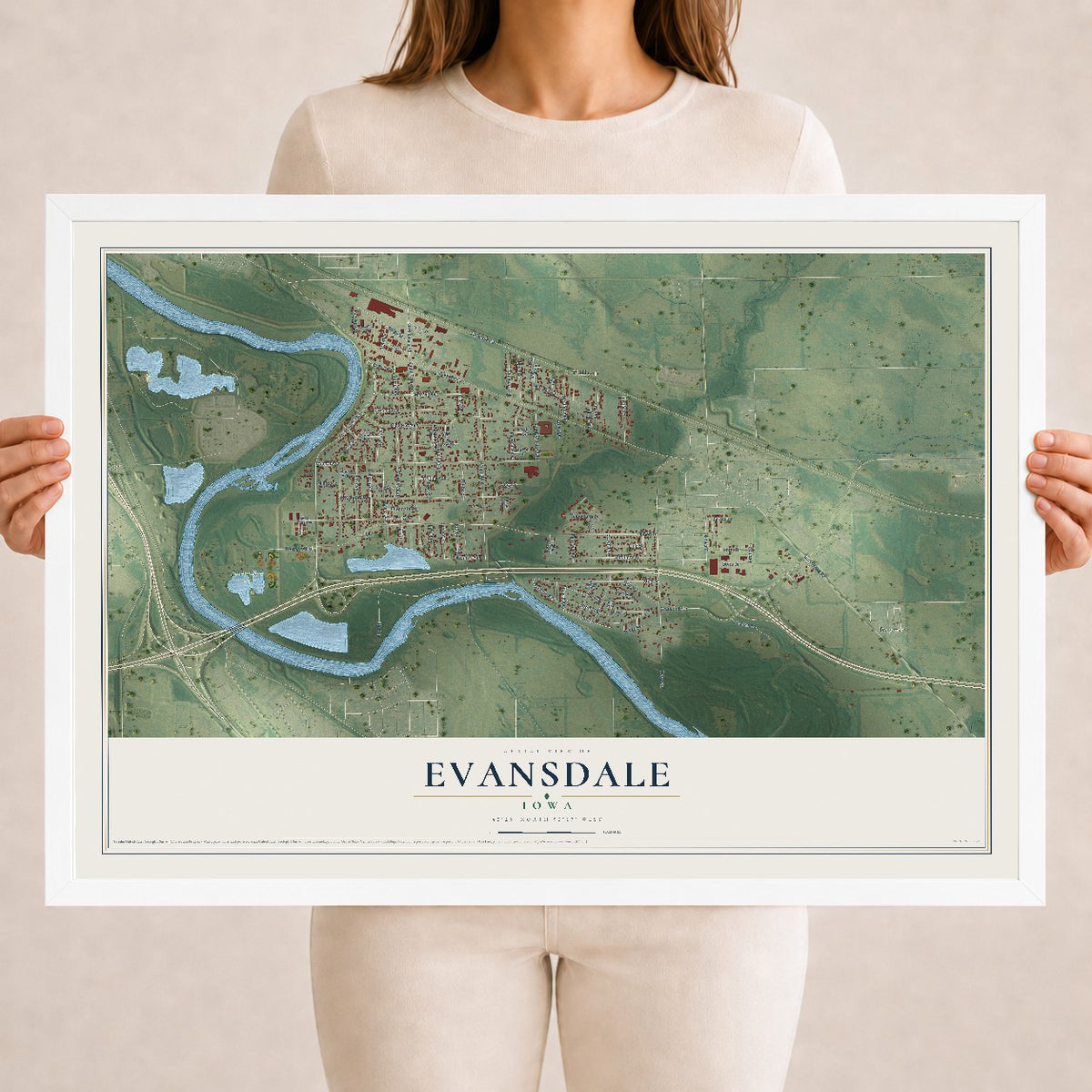 Map of Evansdale, Iowa, 18 x 24 inch print in a white wood frame