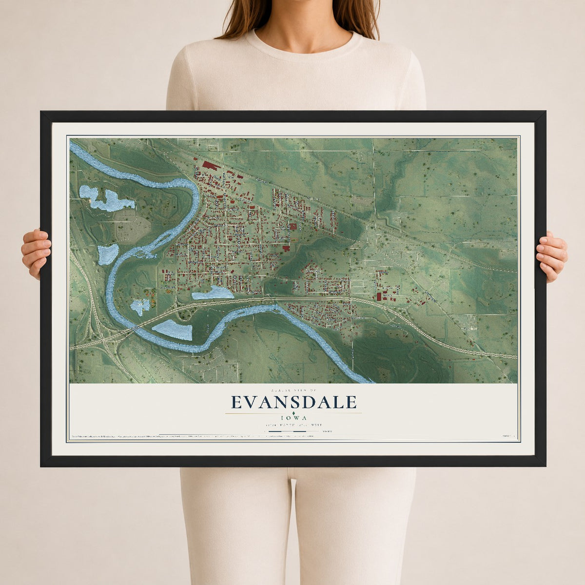 Map of Evansdale, Iowa, 24 x 36 inch print in a black wood frame