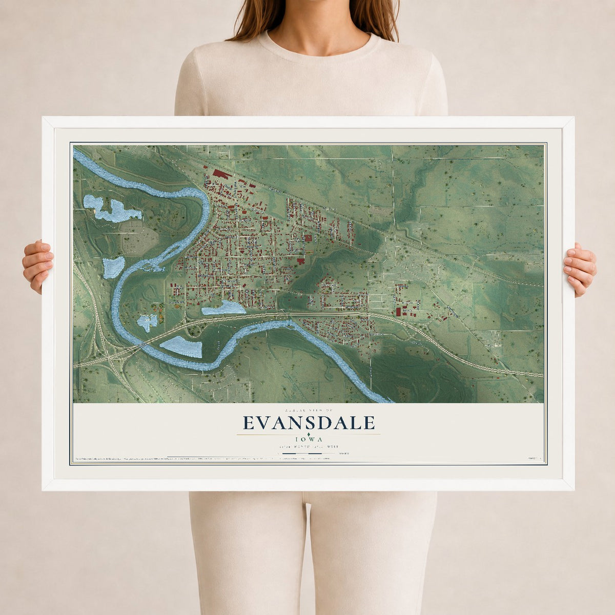 Map of Evansdale, Iowa, 24 x 36 inch print in a white wood frame