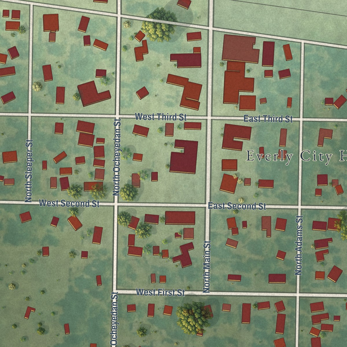 Close-up of the map of Everly, Iowa print showing street and building detail