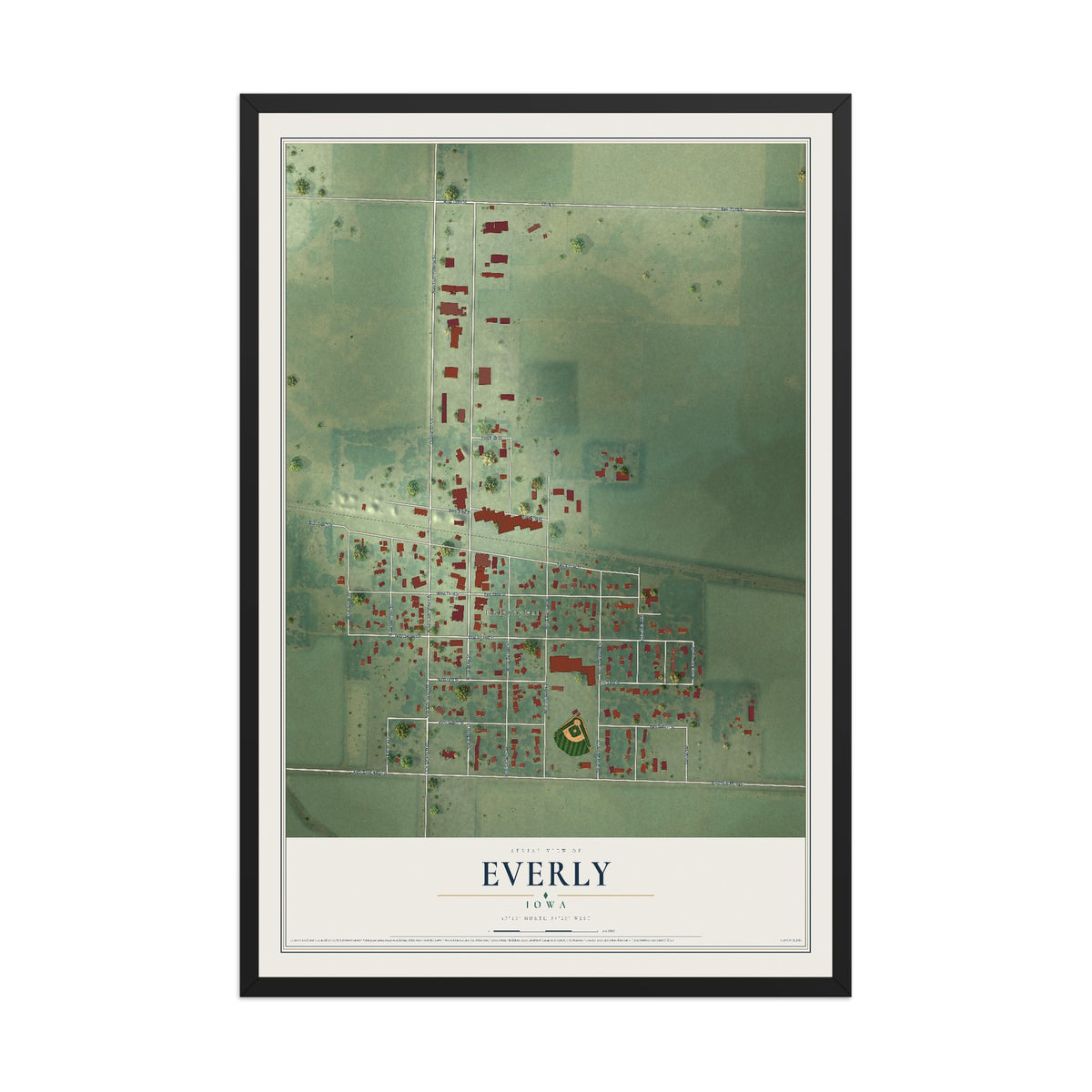 Map of Everly, Iowa, 12 x 18 inch print in a black wood frame