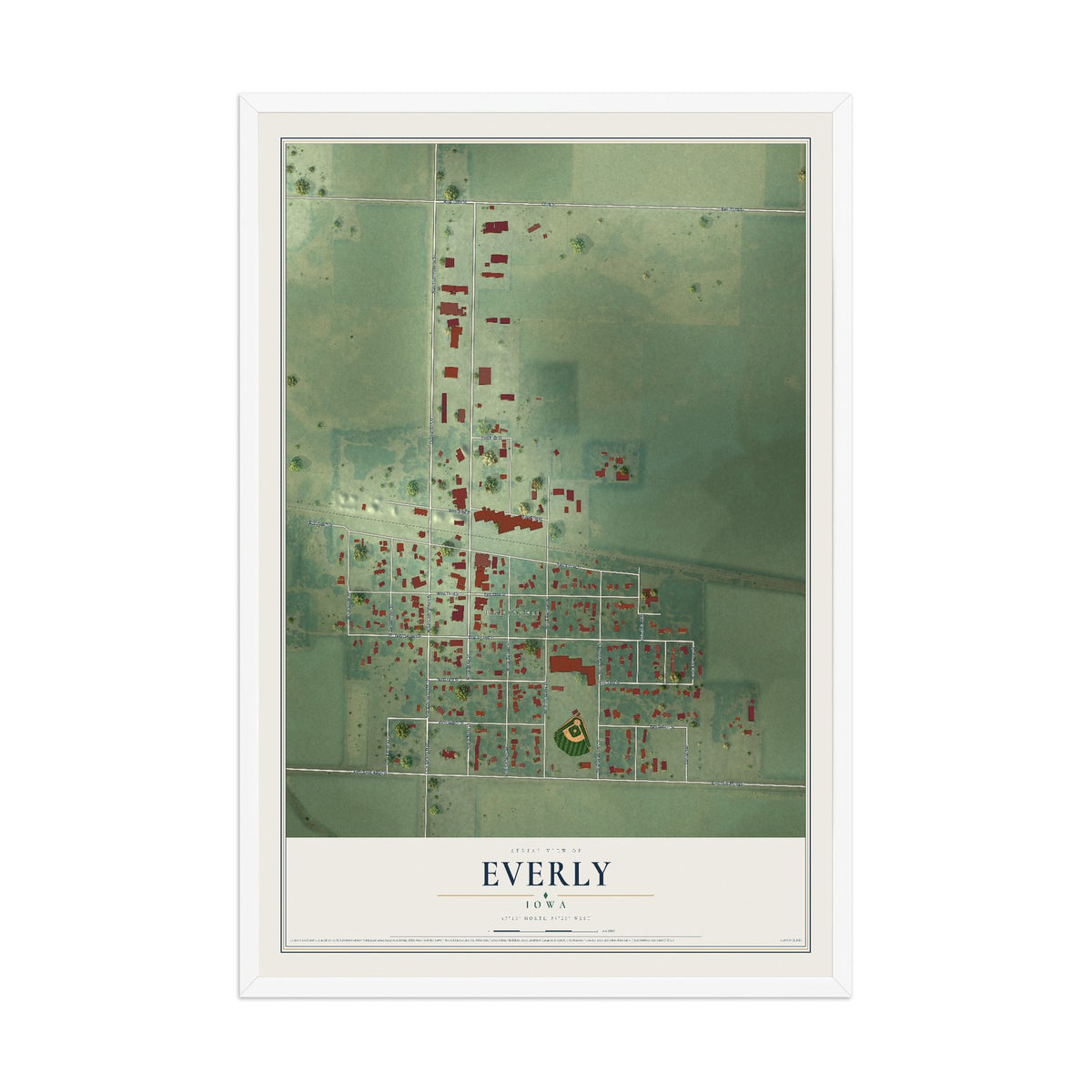 Map of Everly, Iowa, 12 x 18 inch print in a white wood frame
