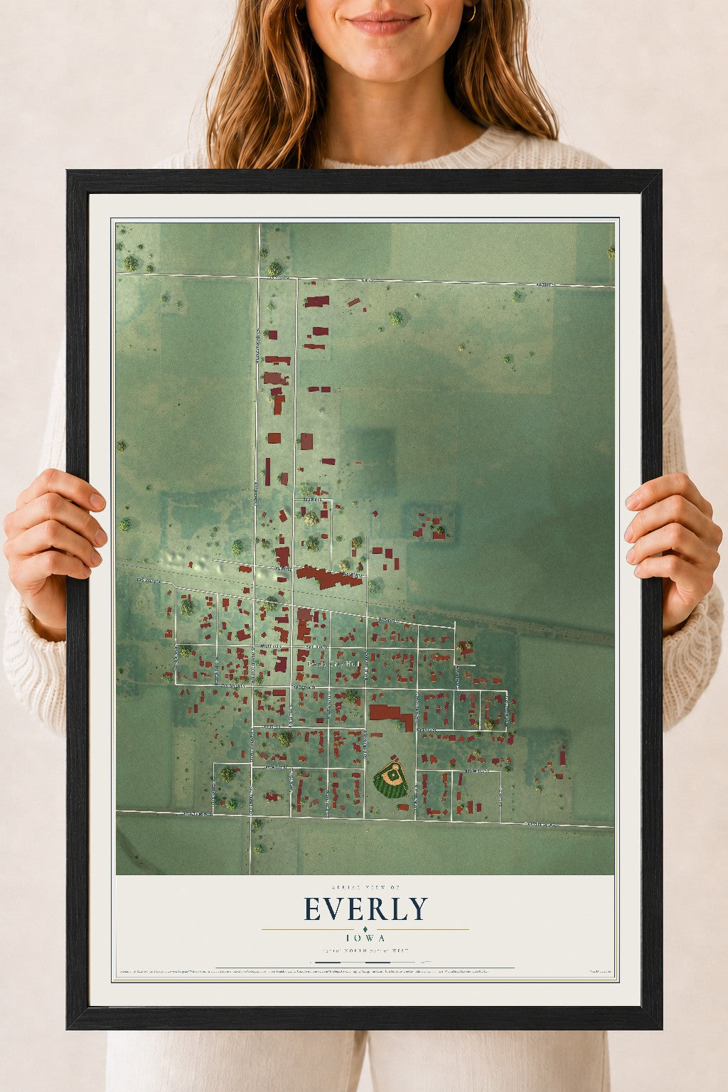 Map of Everly, Iowa, 18 x 24 inch print in a black wood frame