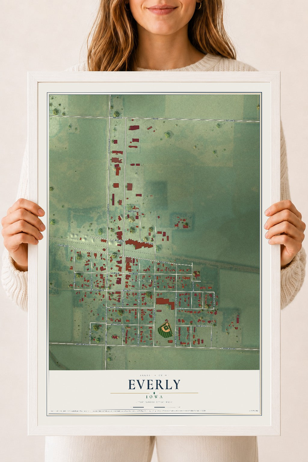 Map of Everly, Iowa, 18 x 24 inch print in a white wood frame