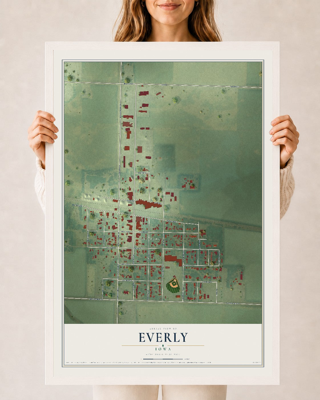 Map of Everly, Iowa, 24 x 36 inch print in a white wood frame