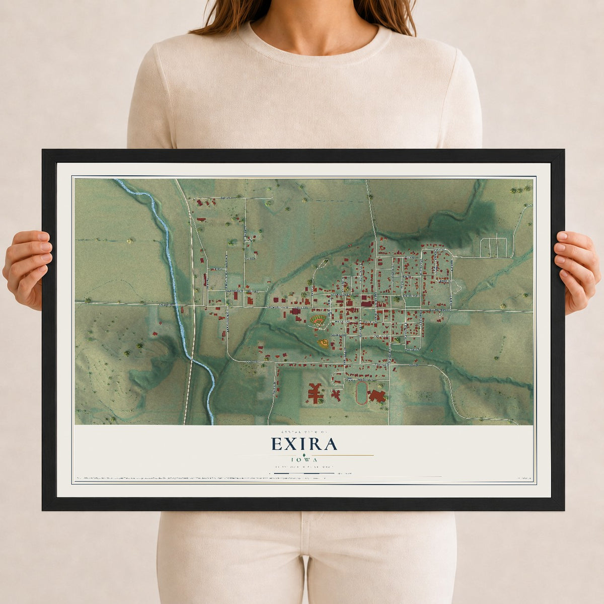 Map of Exira, Iowa, 12 x 18 inch print in a black wood frame