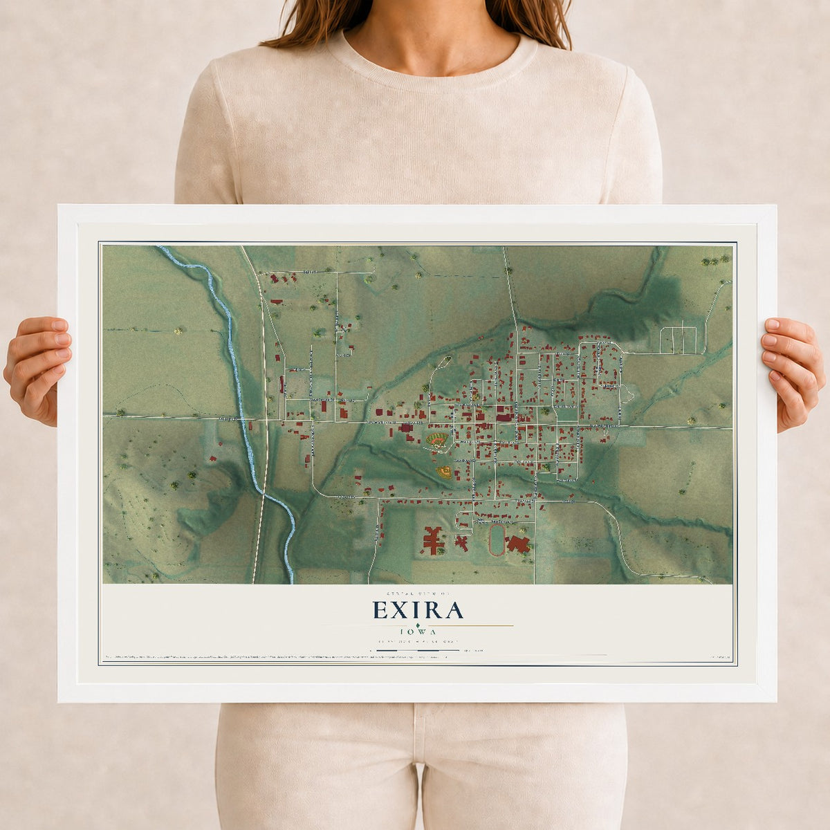 Map of Exira, Iowa, 12 x 18 inch print in a white wood frame