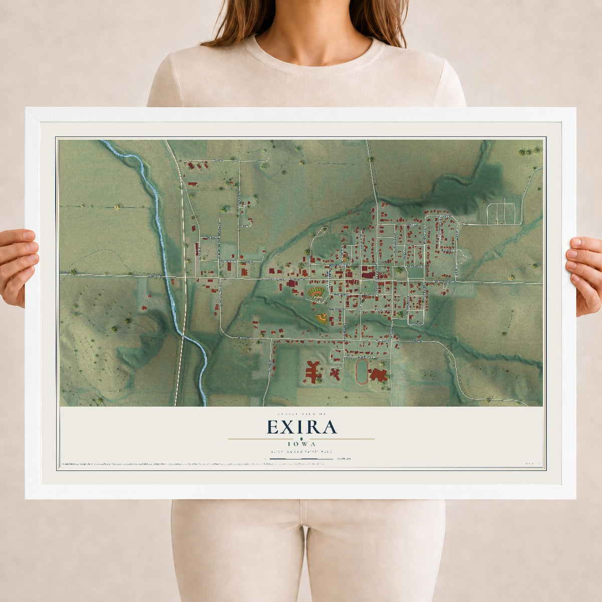 Map of Exira, Iowa, 18 x 24 inch print in a white wood frame