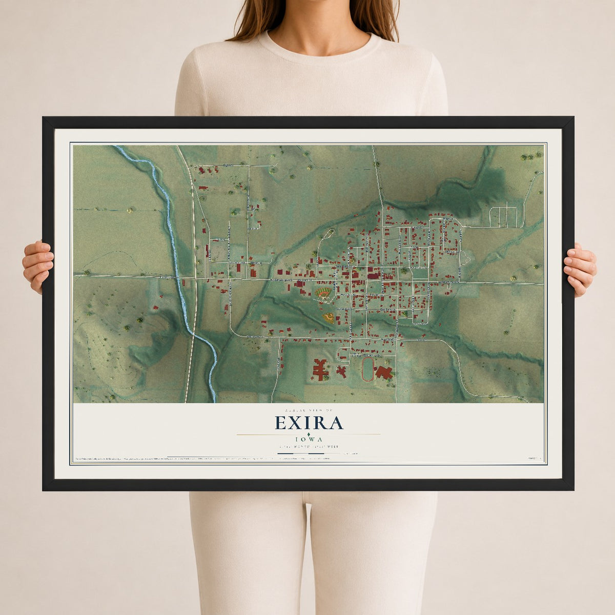 Map of Exira, Iowa, 24 x 36 inch print in a black wood frame