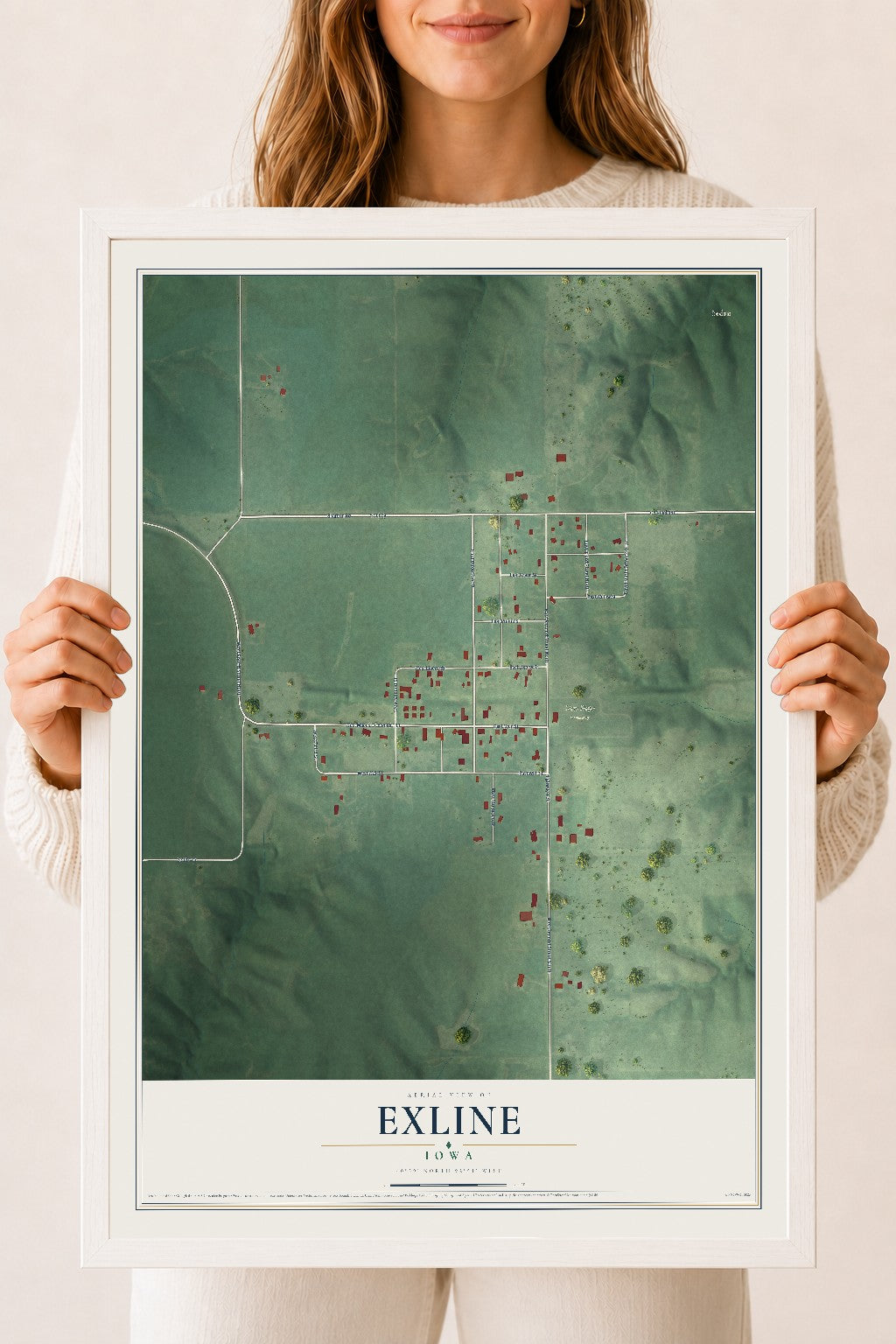 Map of Exline, Iowa, 18 x 24 inch print in a white wood frame
