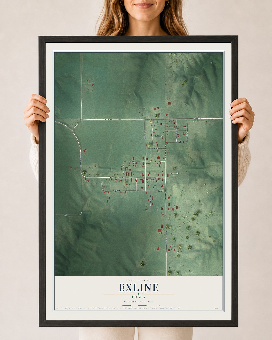 Map of Exline, Iowa, 24 x 36 inch print in a black wood frame