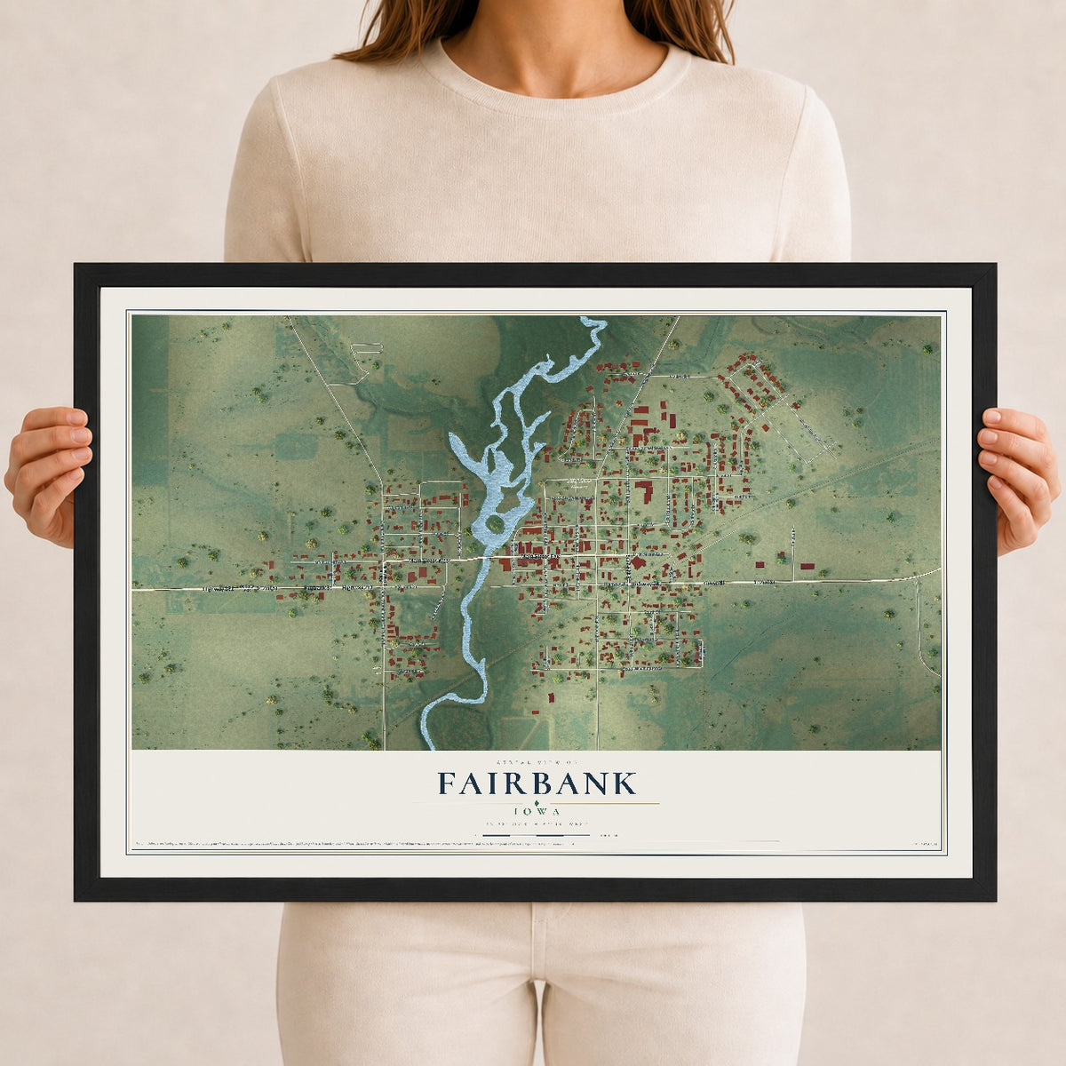 Map of Fairbank, Iowa, 12 x 18 inch print in a black wood frame