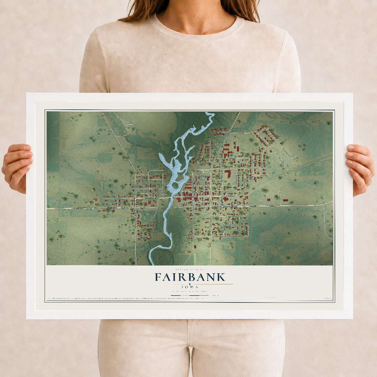 Map of Fairbank, Iowa, 12 x 18 inch print in a white wood frame