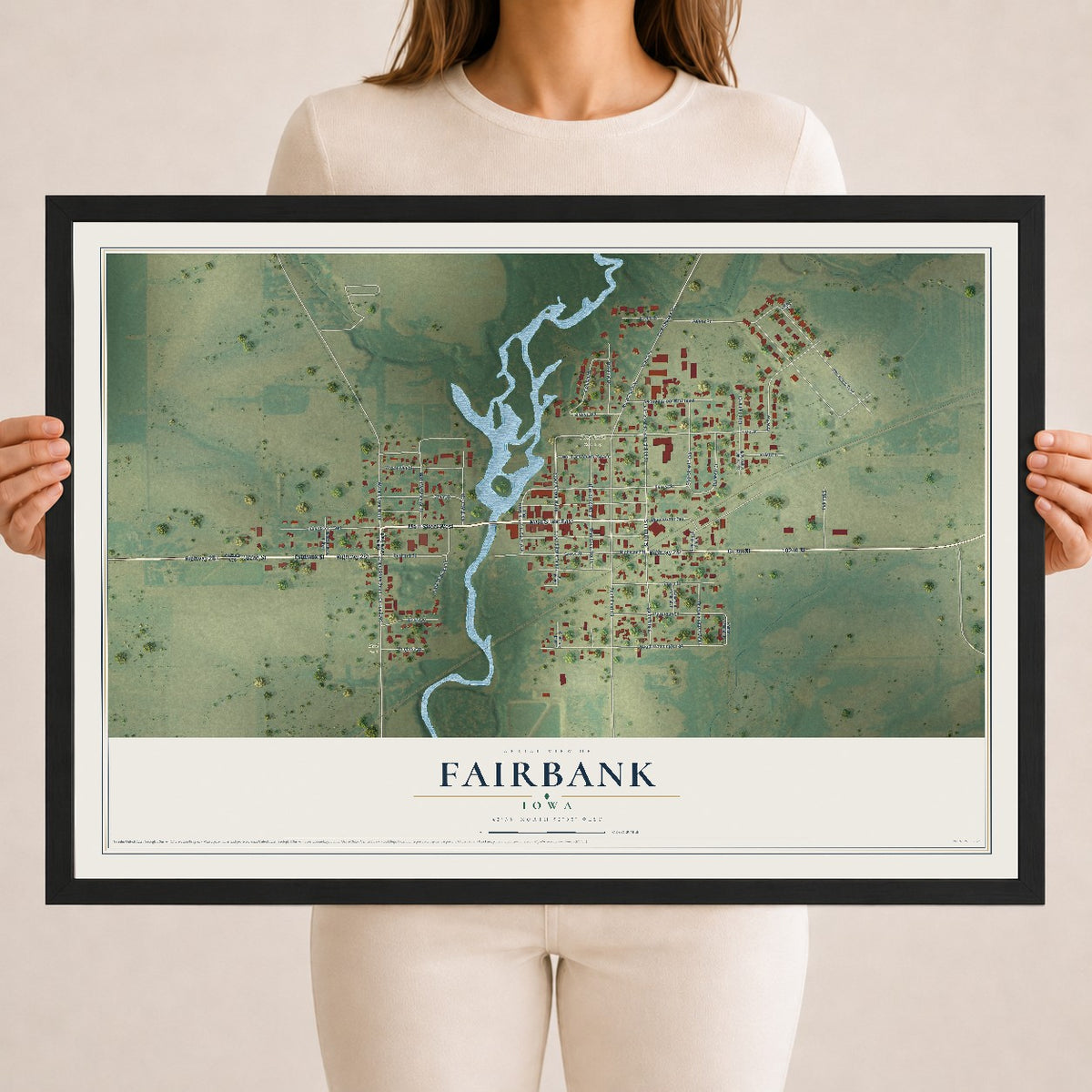 Map of Fairbank, Iowa, 18 x 24 inch print in a black wood frame