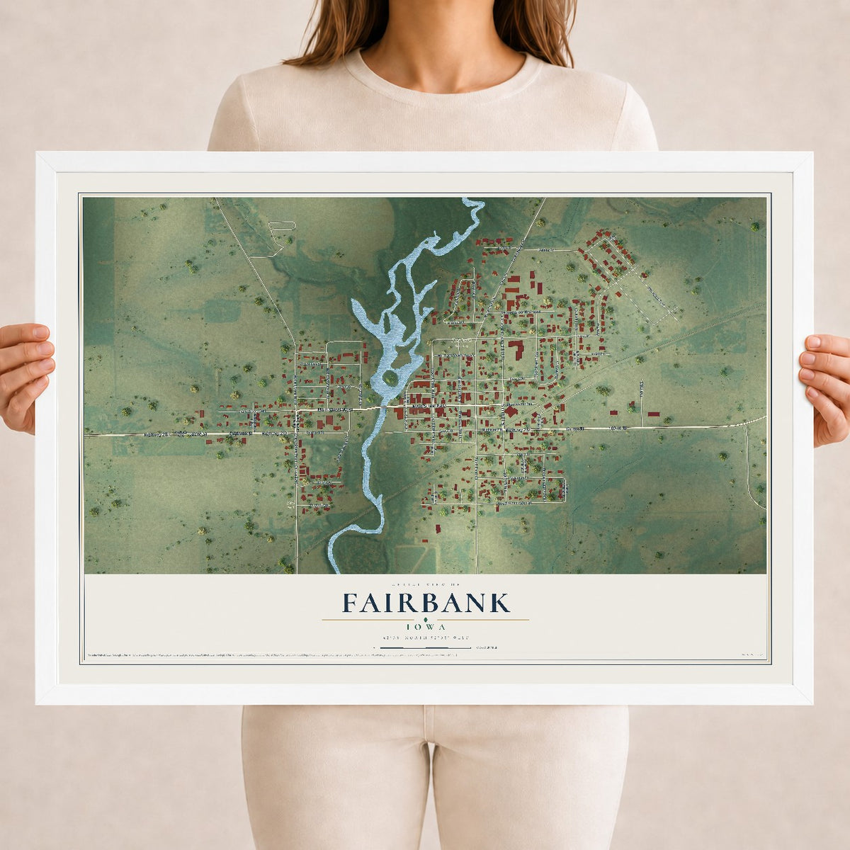 Map of Fairbank, Iowa, 18 x 24 inch print in a white wood frame