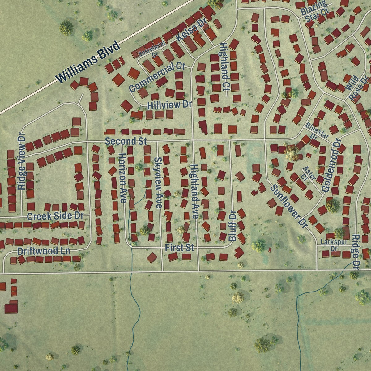 Close-up of the map of Fairfax, Iowa print showing street and building detail