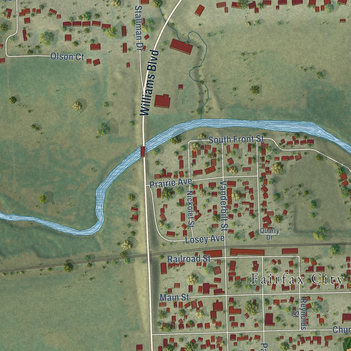 Second close-up of the map of Fairfax, Iowa print showing more streets and buildings