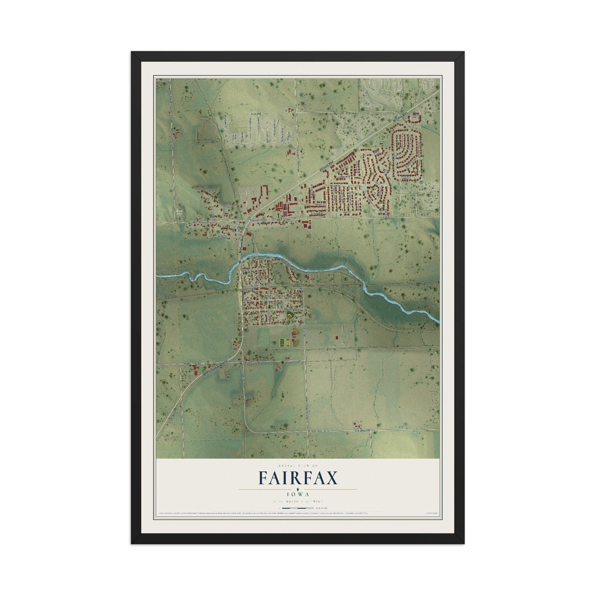 Map of Fairfax, Iowa, 12 x 18 inch print in a black wood frame