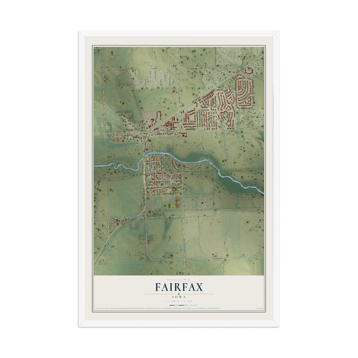 Map of Fairfax, Iowa, 12 x 18 inch print in a white wood frame