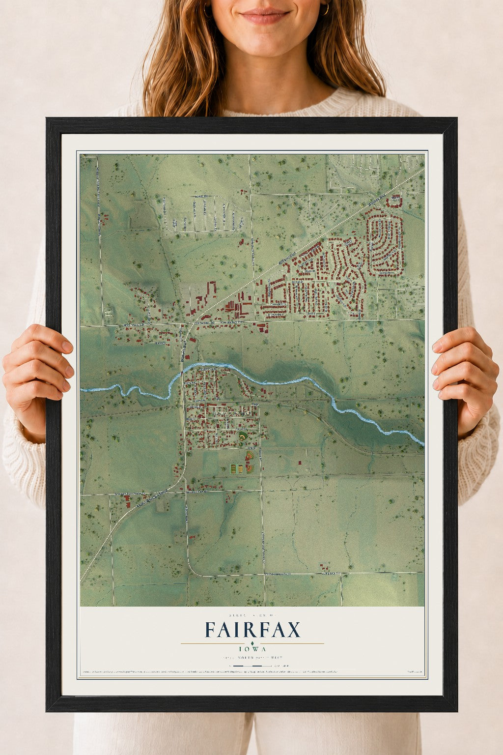 Map of Fairfax, Iowa, 18 x 24 inch print in a black wood frame
