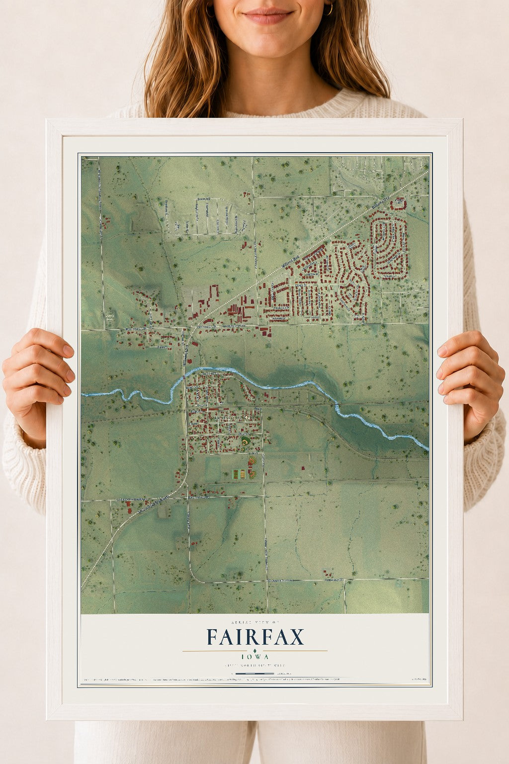 Map of Fairfax, Iowa, 18 x 24 inch print in a white wood frame