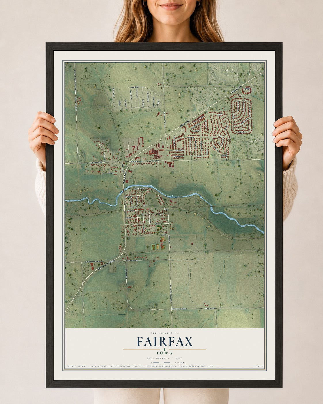 Map of Fairfax, Iowa, 24 x 36 inch print in a black wood frame