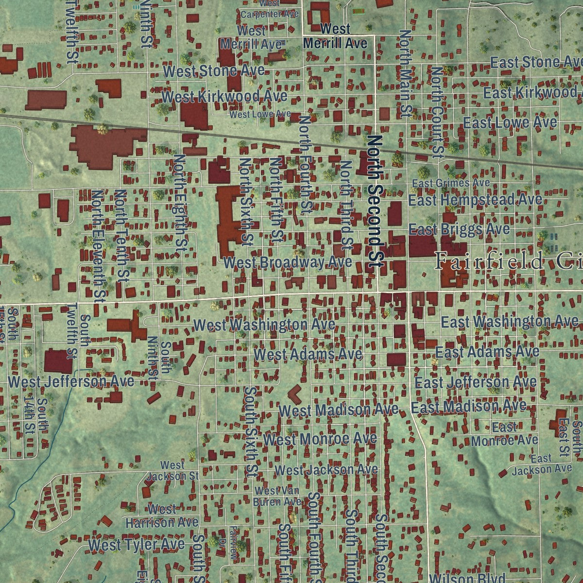 Close-up of the map of Fairfield, Iowa print showing street and building detail