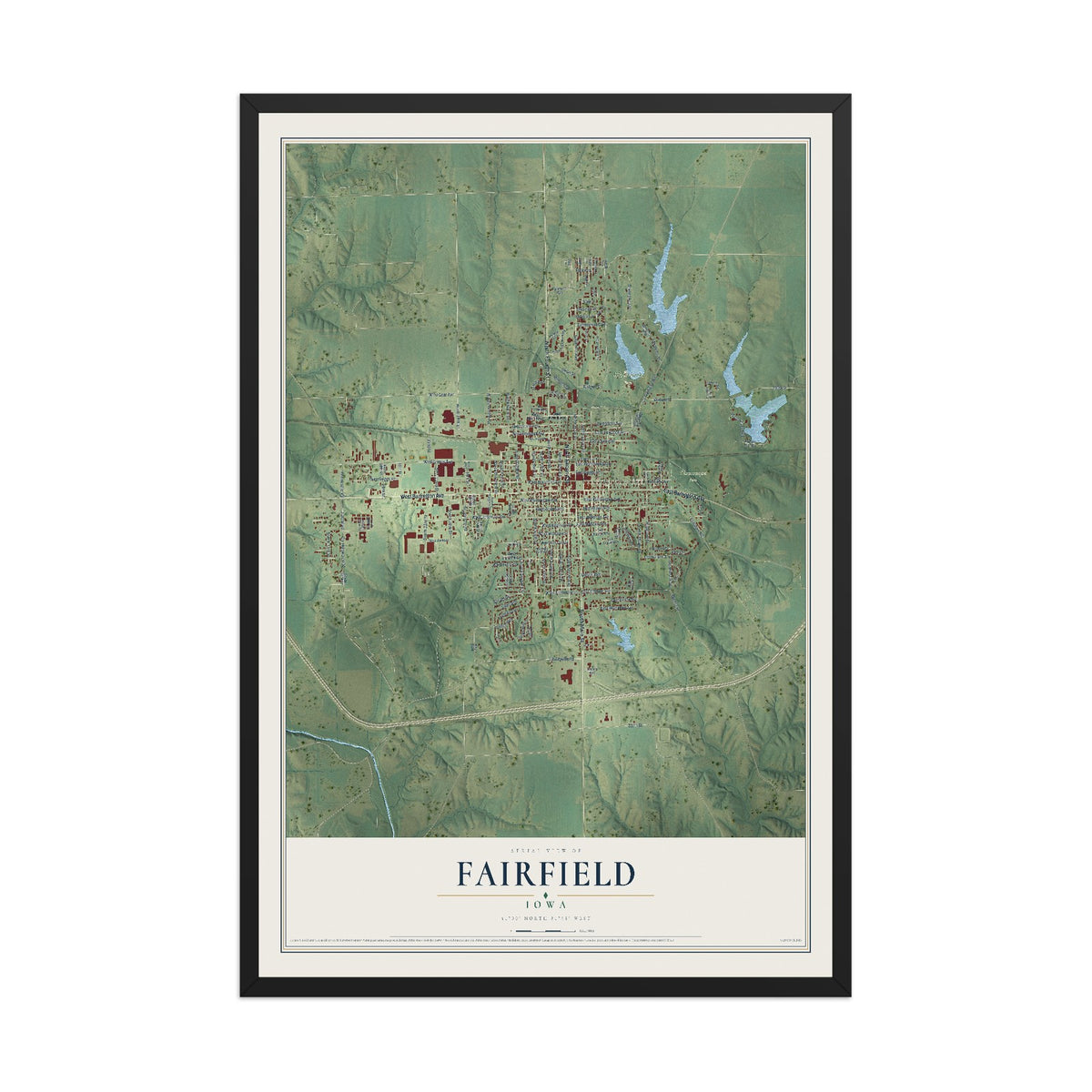 Map of Fairfield, Iowa, 12 x 18 inch print in a black wood frame