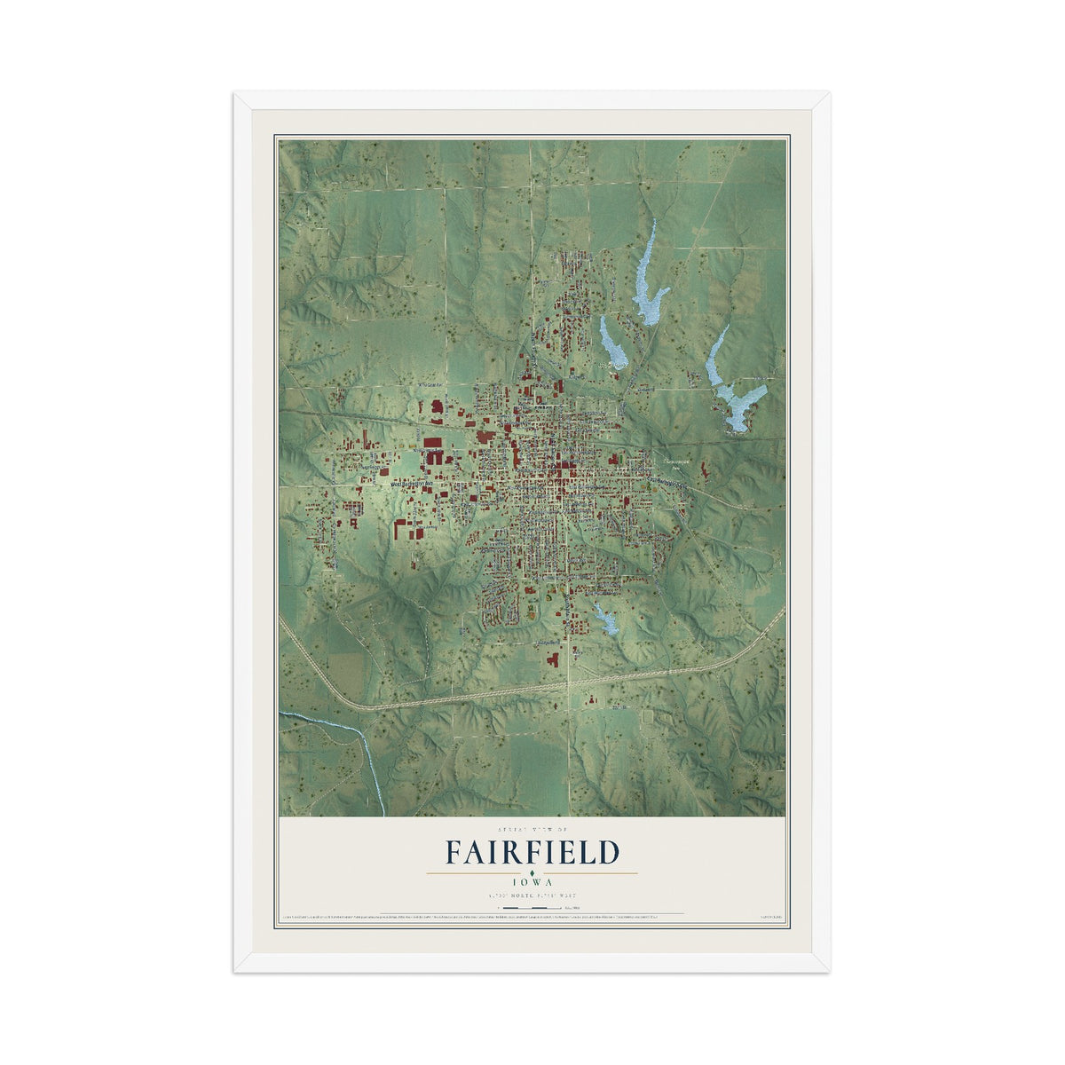 Map of Fairfield, Iowa, 12 x 18 inch print in a white wood frame