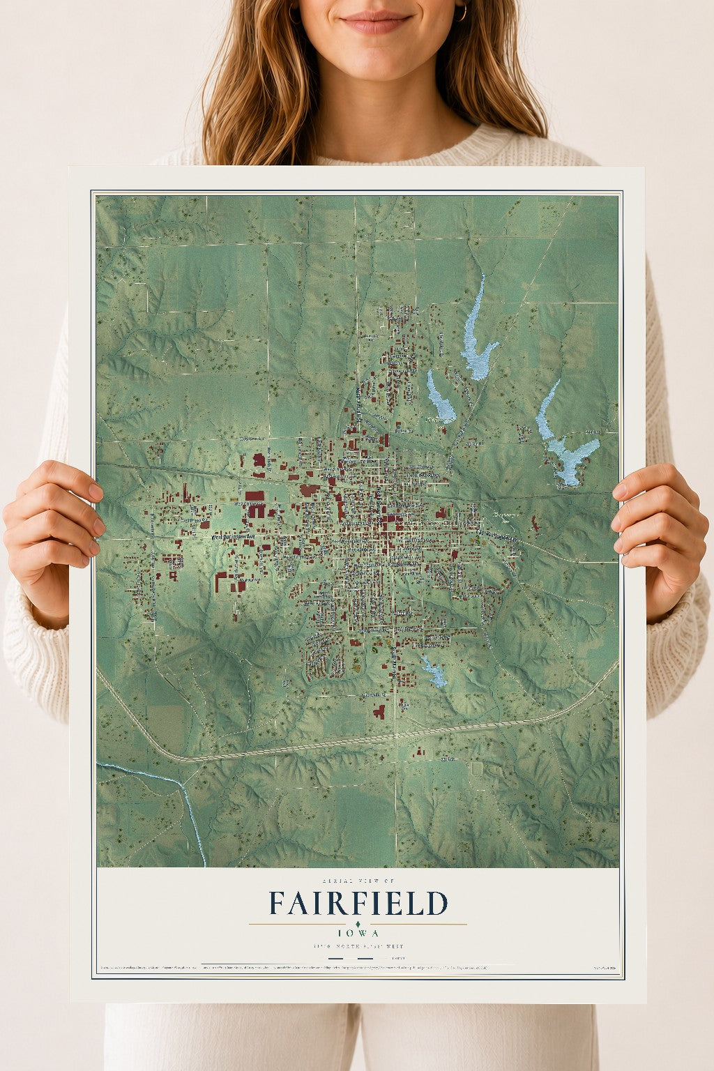 Map of Fairfield, Iowa, 18 x 24 inch unframed archival matte print