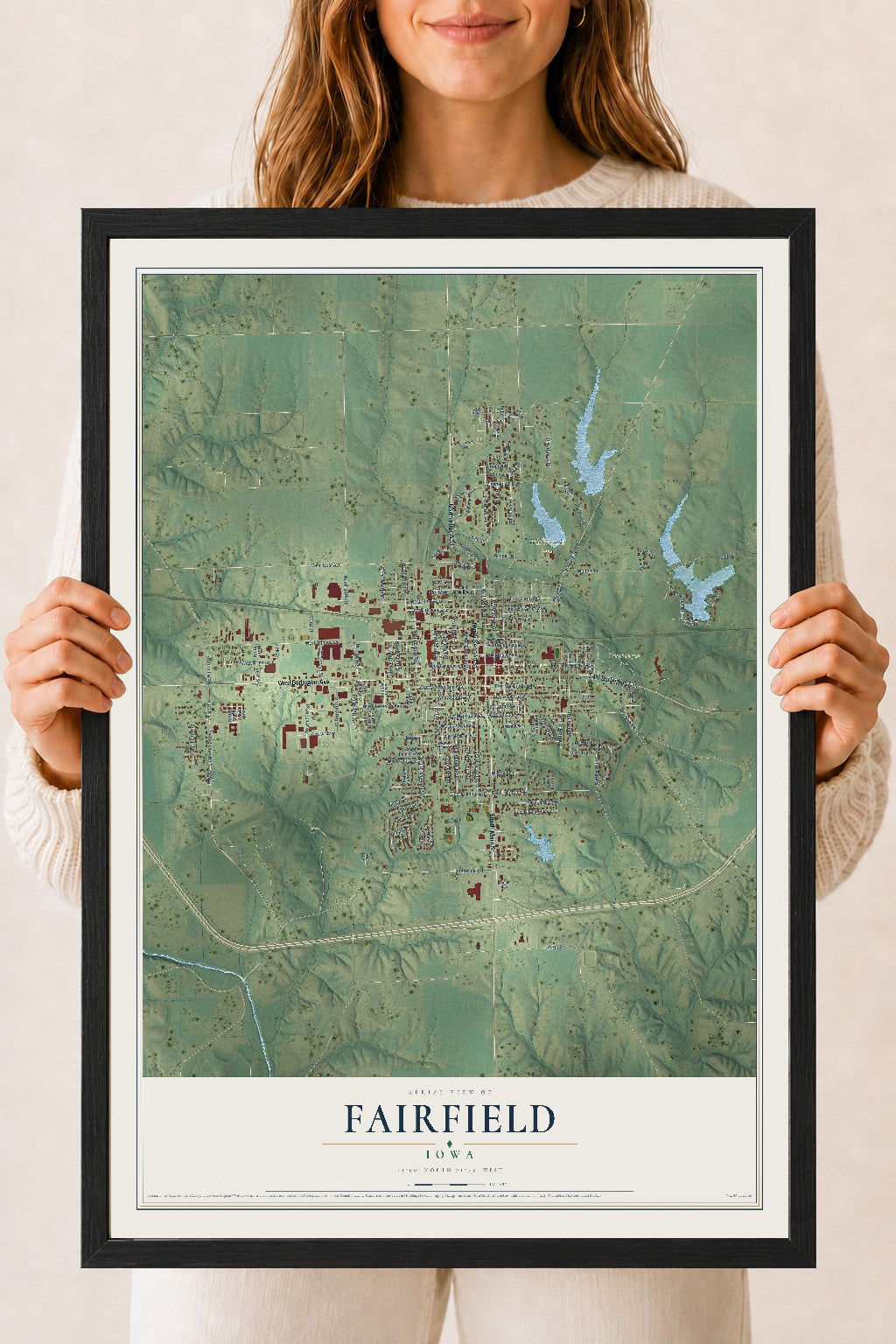 Map of Fairfield, Iowa, 18 x 24 inch print in a black wood frame