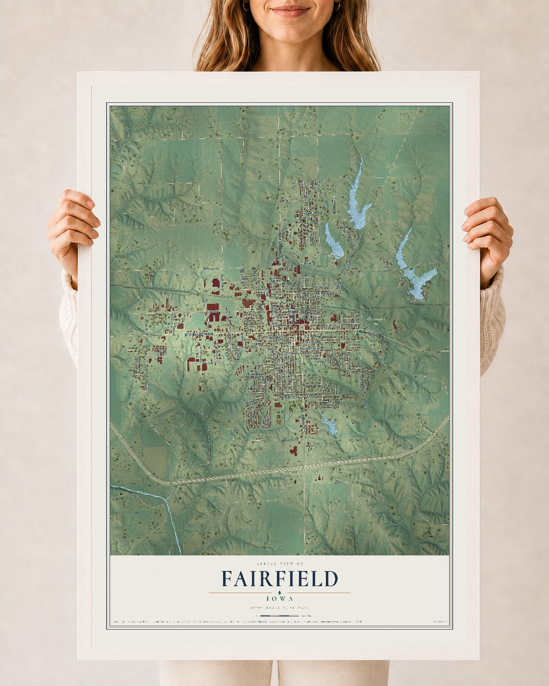 Map of Fairfield, Iowa, 24 x 36 inch print in a white wood frame