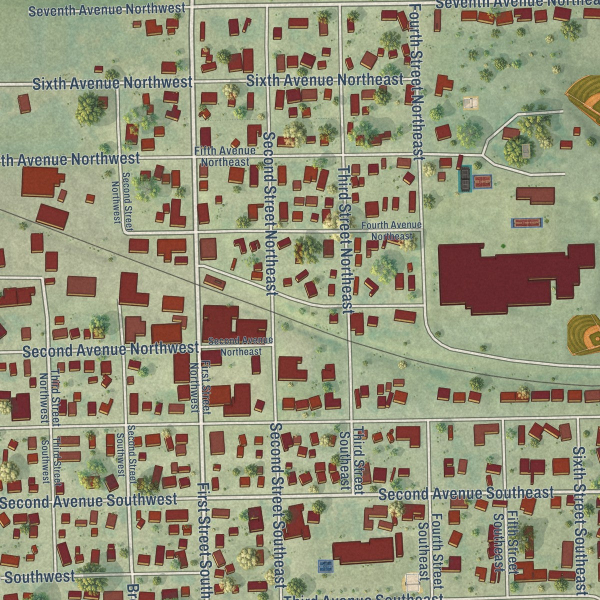 Close-up of the map of Farley, Iowa print showing street and building detail