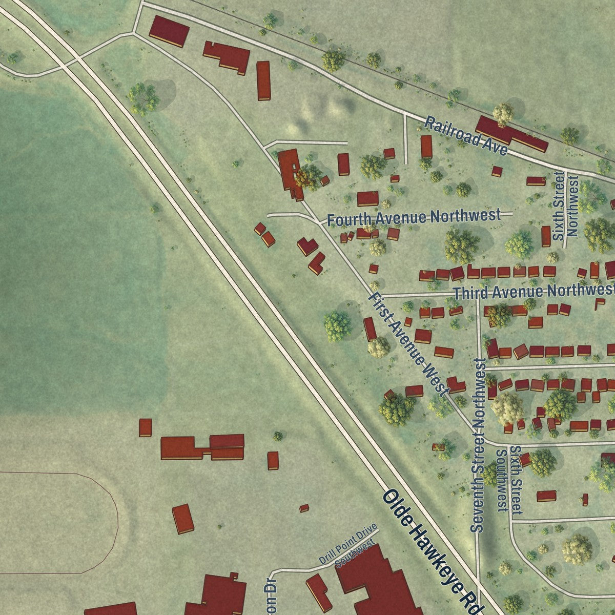 Second close-up of the map of Farley, Iowa print showing more streets and buildings