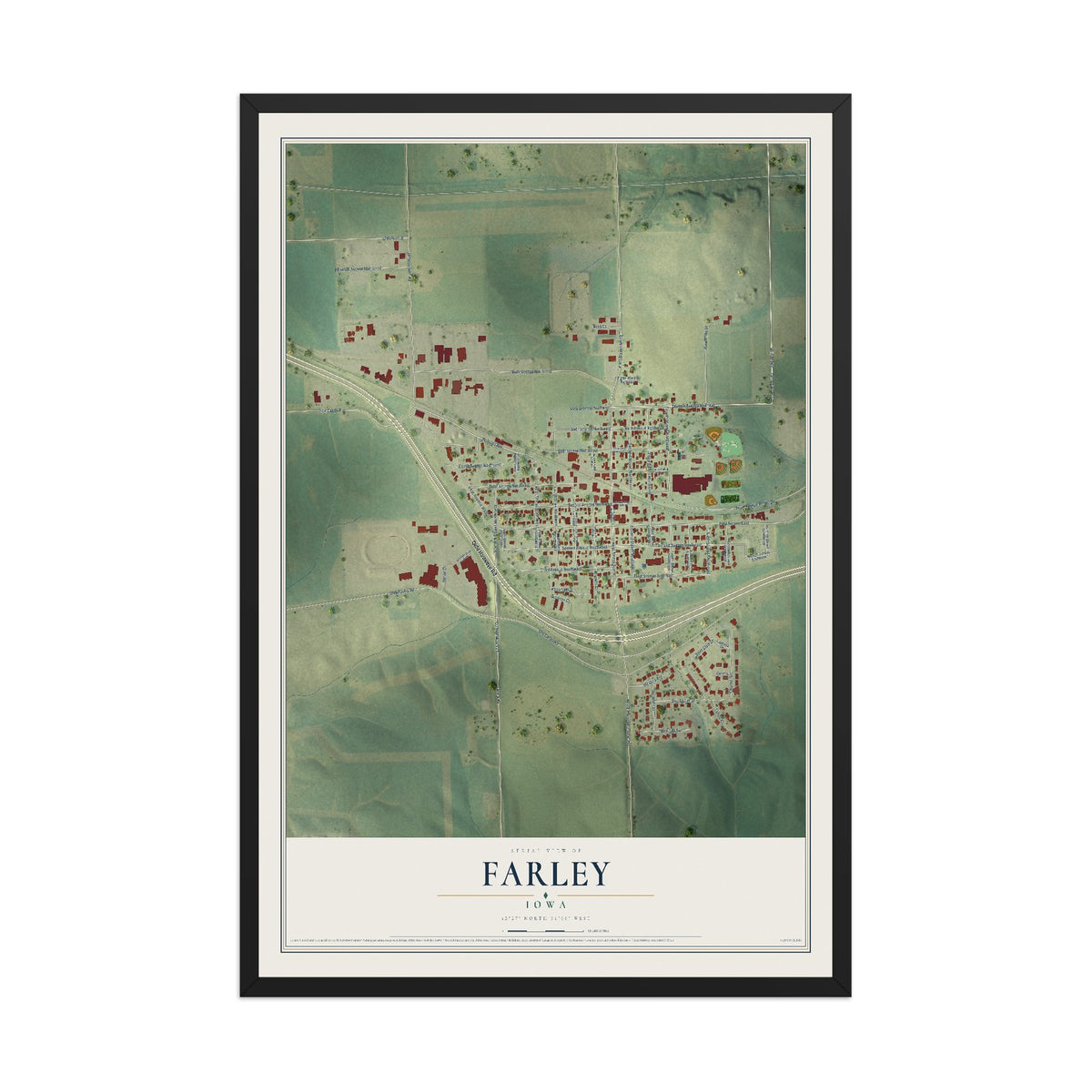 Map of Farley, Iowa, 12 x 18 inch print in a black wood frame
