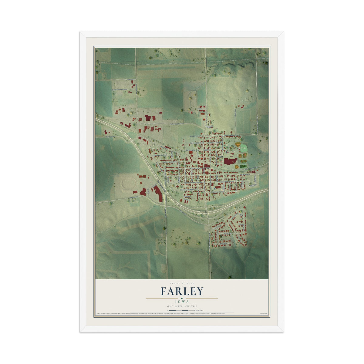 Map of Farley, Iowa, 12 x 18 inch print in a white wood frame