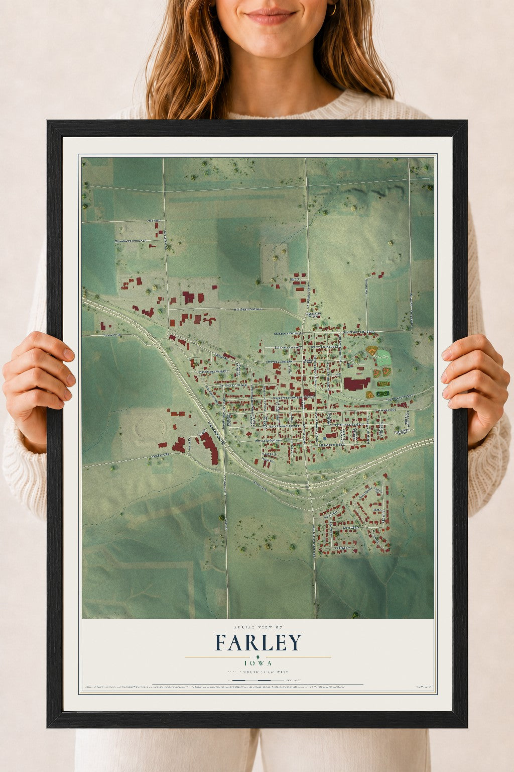 Map of Farley, Iowa, 18 x 24 inch print in a black wood frame