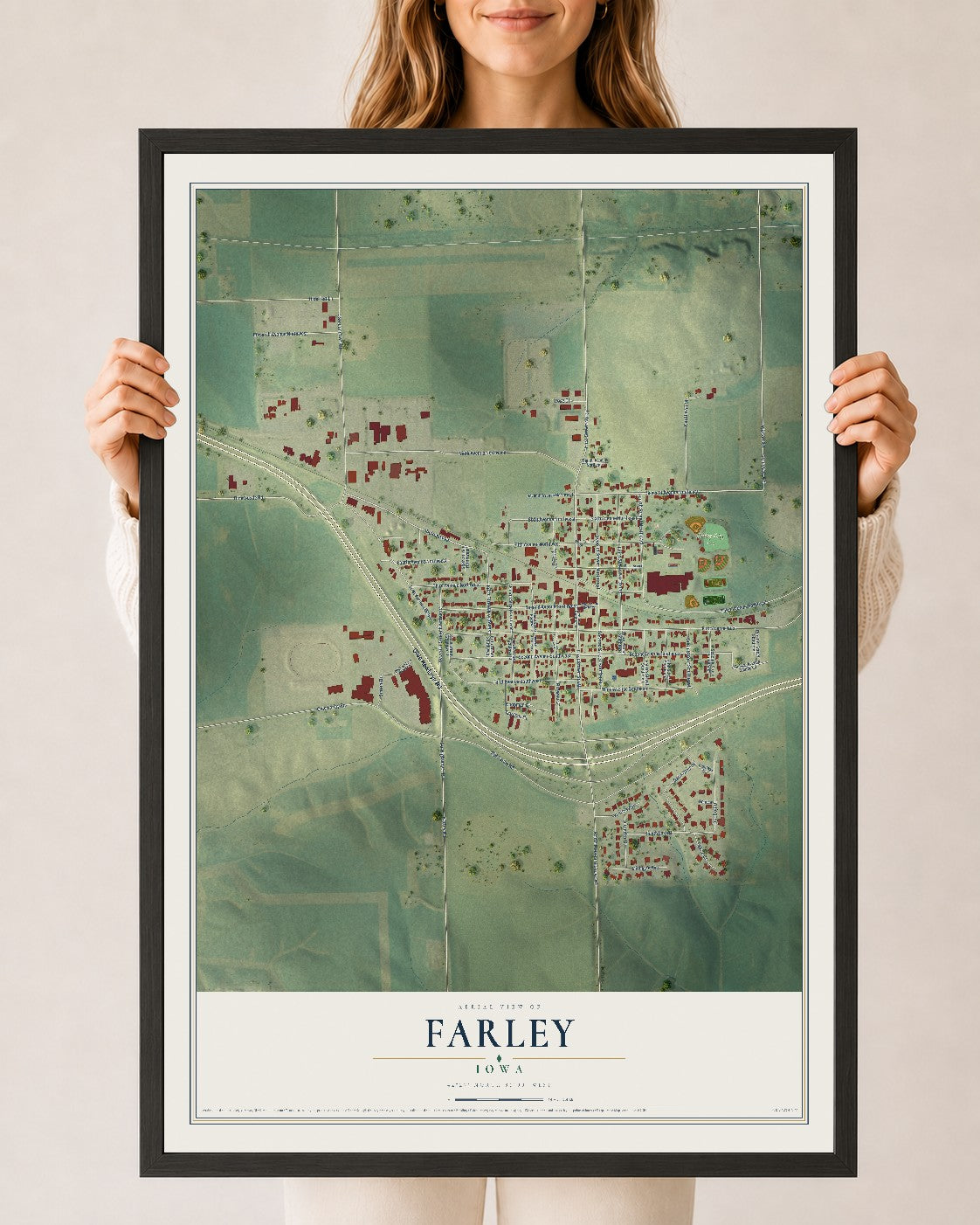 Map of Farley, Iowa, 24 x 36 inch print in a black wood frame