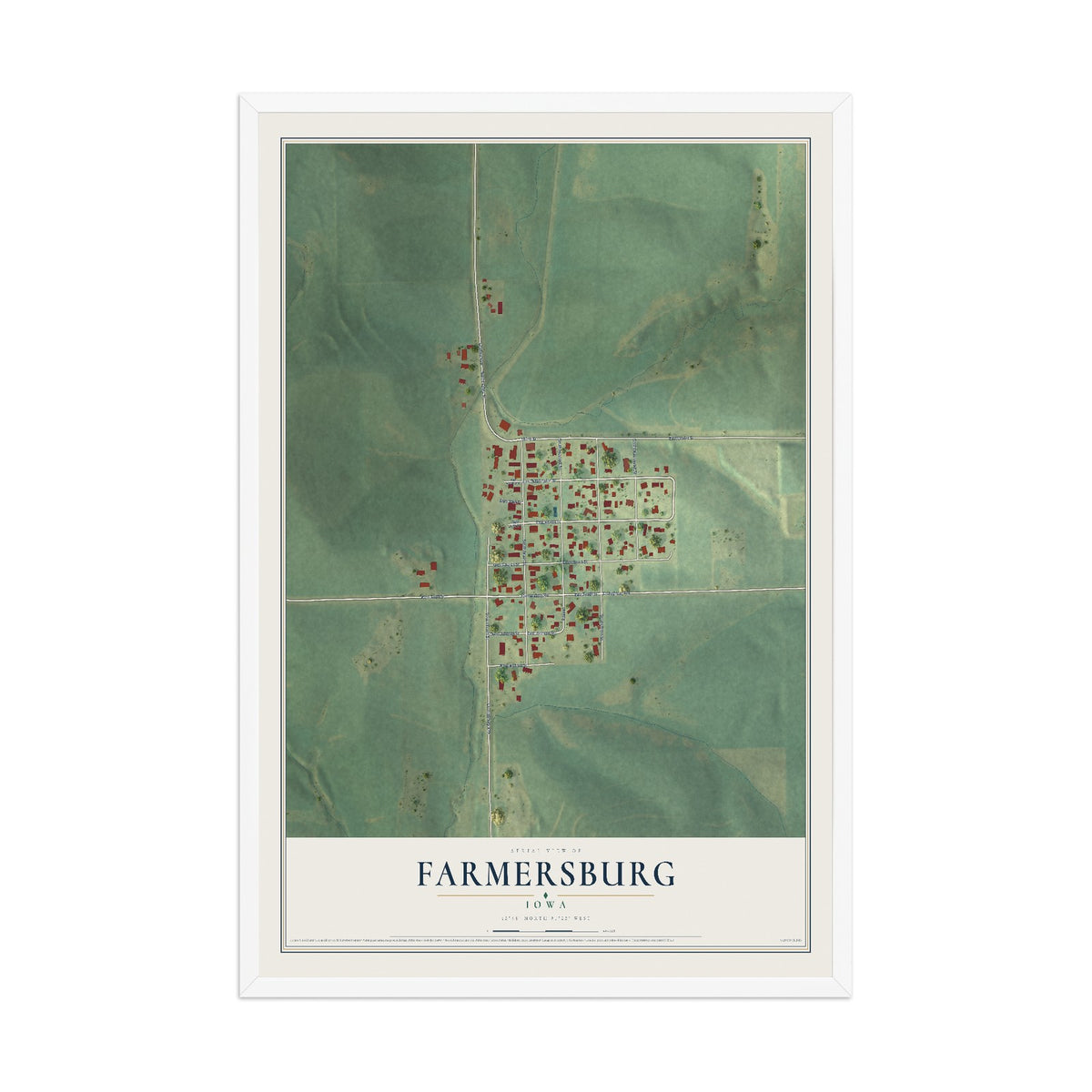 Map of Farmersburg, Iowa, 12 x 18 inch print in a white wood frame