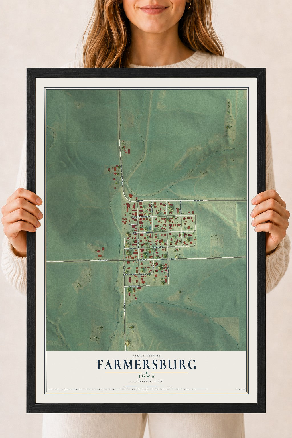 Map of Farmersburg, Iowa, 18 x 24 inch print in a black wood frame
