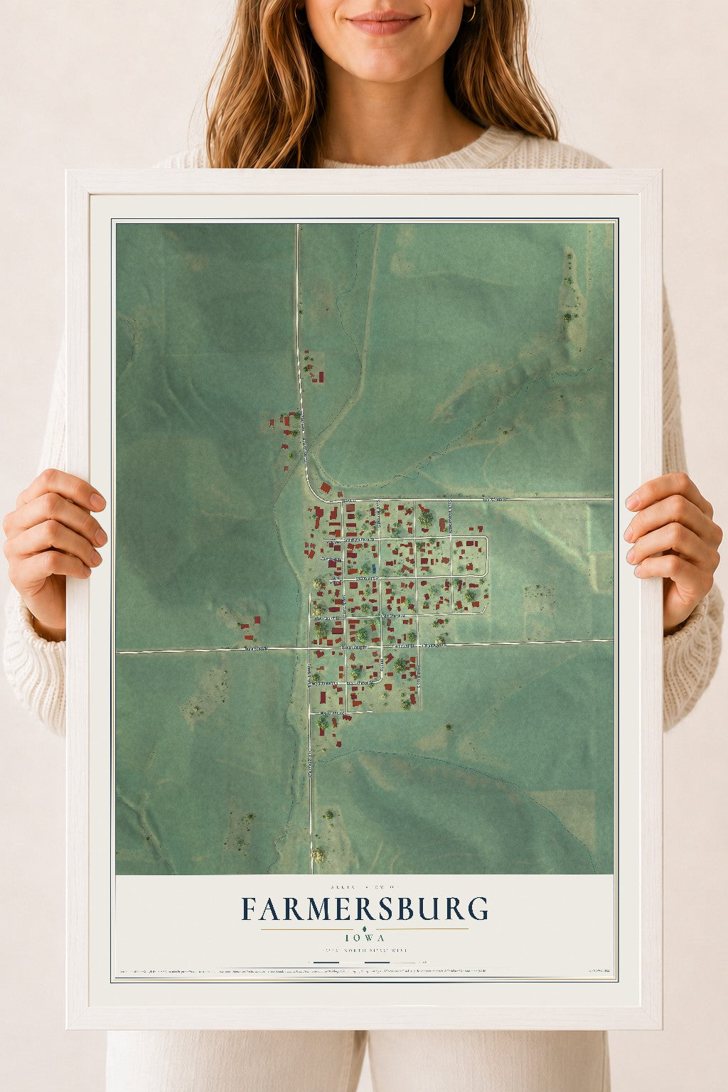 Map of Farmersburg, Iowa, 18 x 24 inch print in a white wood frame