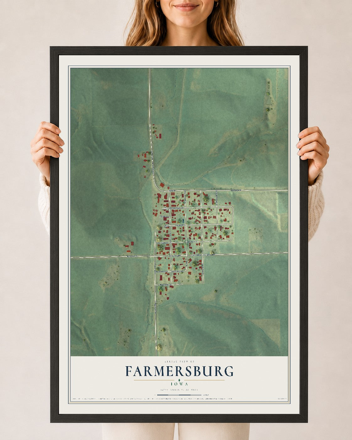 Map of Farmersburg, Iowa, 24 x 36 inch print in a black wood frame