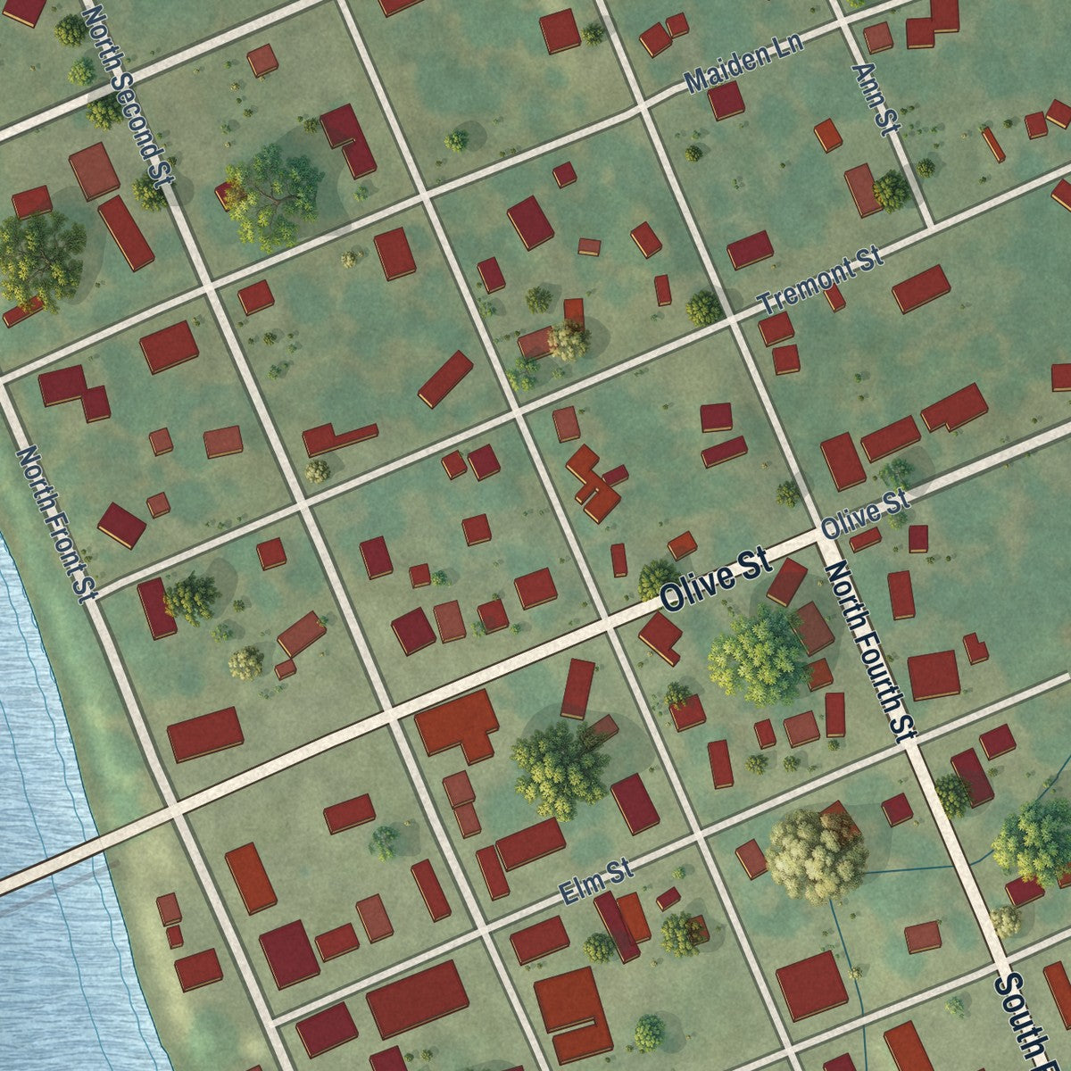 Close-up of the map of Farmington, Iowa print showing street and building detail