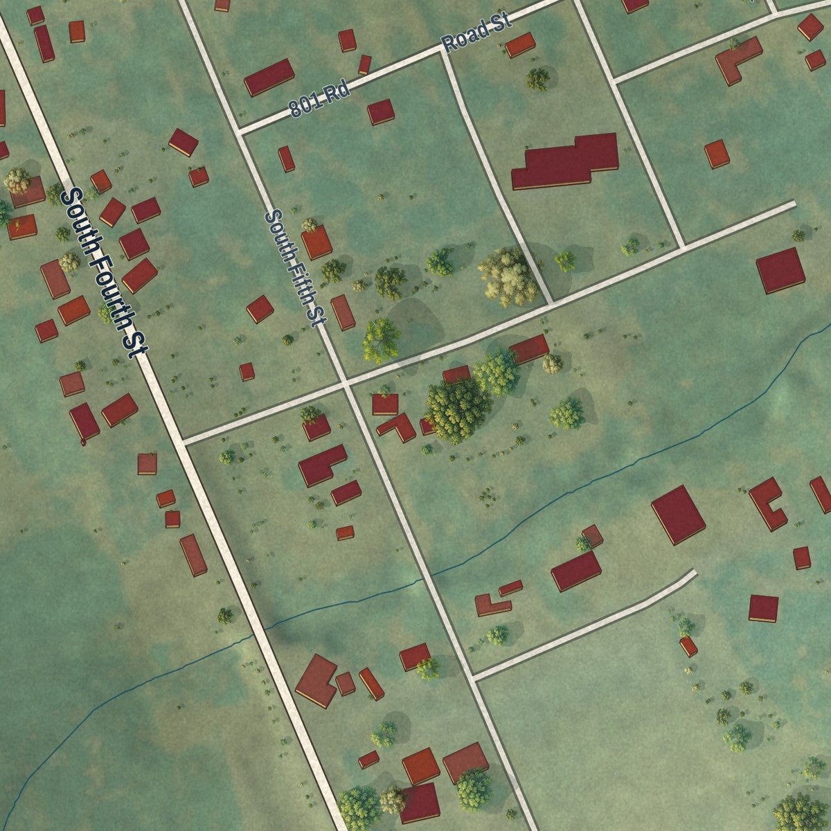 Second close-up of the map of Farmington, Iowa print showing more streets and buildings