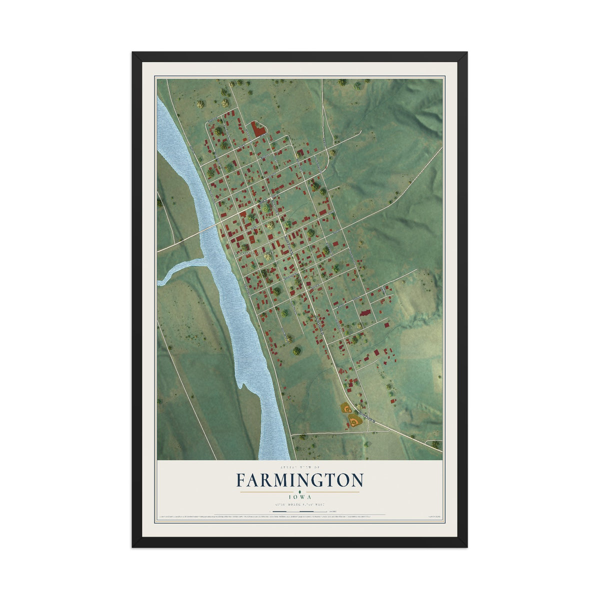 Map of Farmington, Iowa, 12 x 18 inch print in a black wood frame