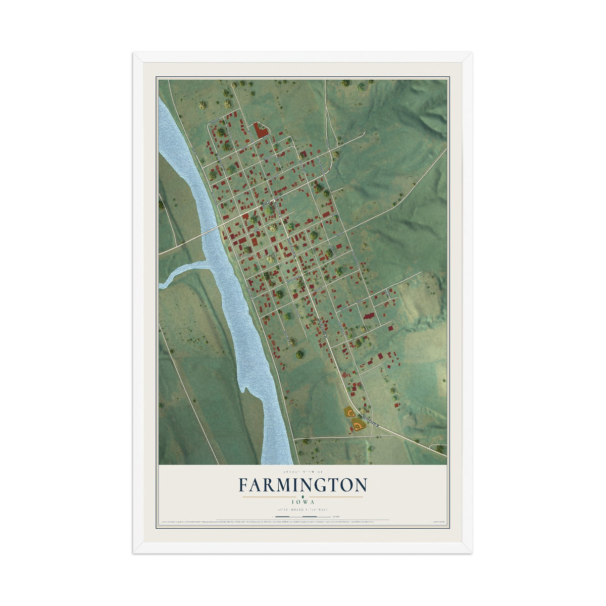 Map of Farmington, Iowa, 12 x 18 inch print in a white wood frame